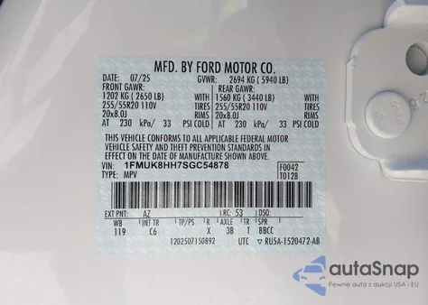 2025 Ford Explorer Platinum z USA, uszkodzony, nr VIN 1FMUK8HH7SGC54878